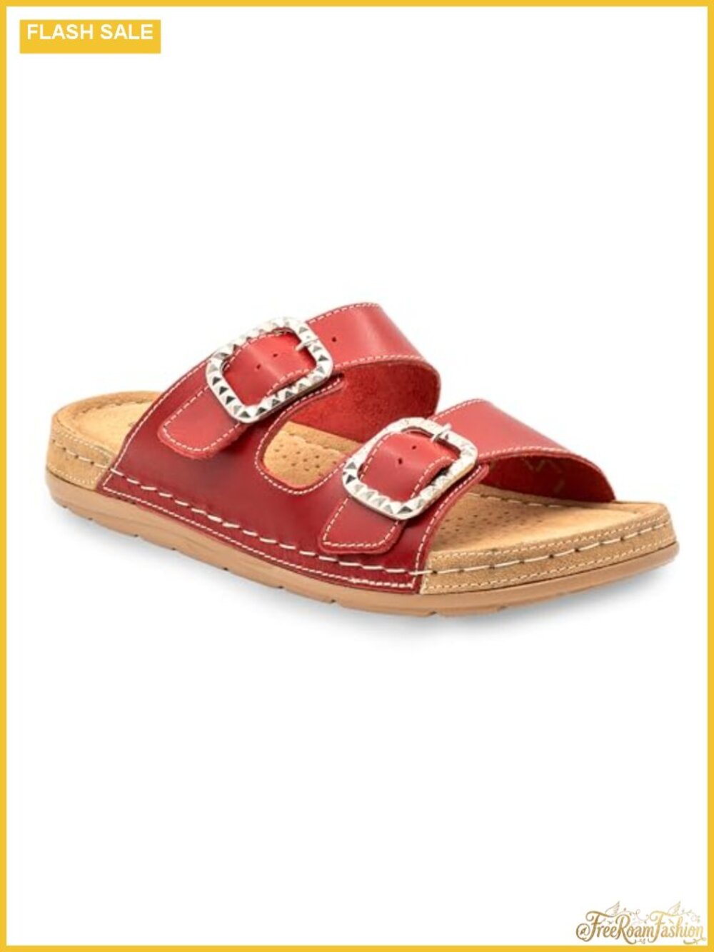 Women's Leather Studded Double-Buckle Slide Sandals
